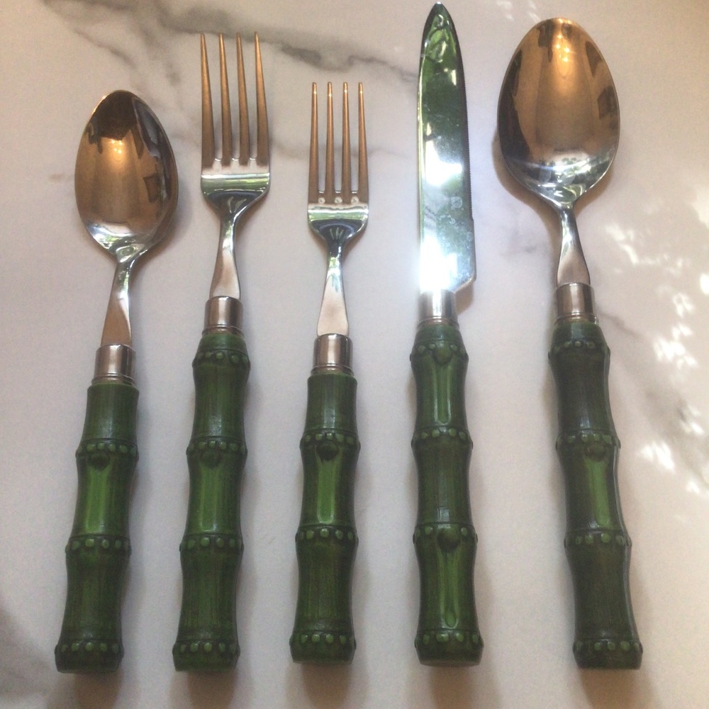 ZODAX,5 piece flatware set, green bamboo handles